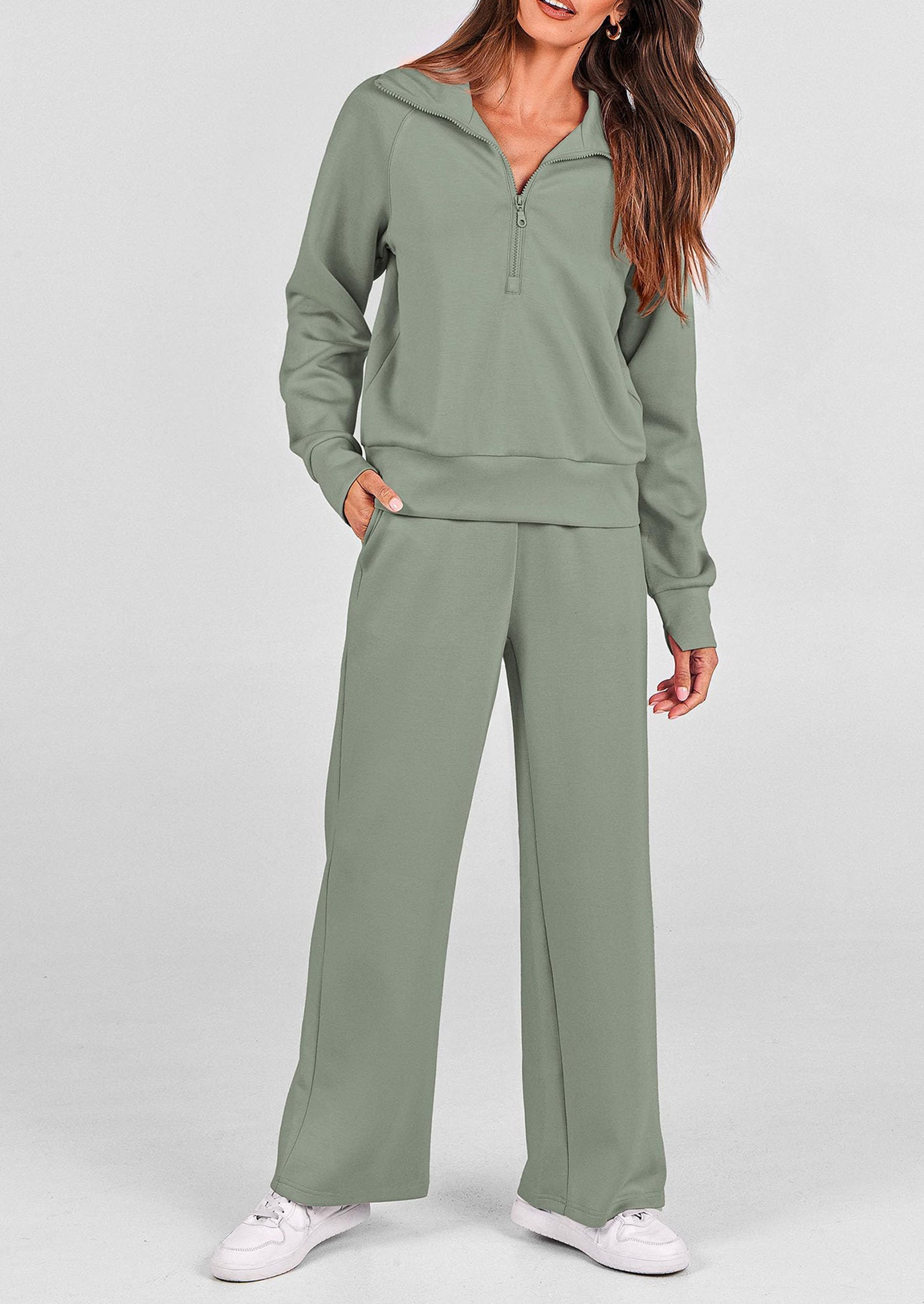 PRETTYGARDEN Women's 2 Piece Outfits Casual Lapel Half Zip Sweatshirts And Wide Leg Pants Tracksuit Sets