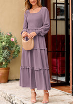 PRETTYGARDEN Women Fall Long Sleeve Smocked Maxi Dress Casual Square Neck Swiss Dot Tiered Ruffle Flowy Spring Pocket Dresses