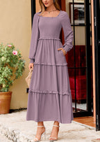 PRETTYGARDEN Women Fall Long Sleeve Smocked Maxi Dress Casual Square Neck Swiss Dot Tiered Ruffle Flowy Spring Pocket Dresses
