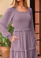 PRETTYGARDEN Women Fall Long Sleeve Smocked Maxi Dress Casual Square Neck Swiss Dot Tiered Ruffle Flowy Spring Pocket Dresses
