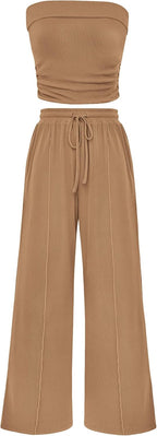 PRETTYGARDEN 2 Piece Sets Casual Ribbed Knit Crop Tube Top Wide Leg Pants Lounge Set