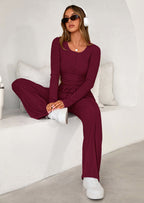 PRETTYGARDEN Women's Fall Trendy 2 Piece Outfits Lounge Sets Long Sleeve Top Henley Shirts Wide Leg Pants Travel Clothes