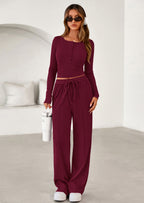 PRETTYGARDEN Women's Fall Trendy 2 Piece Outfits Lounge Sets Long Sleeve Top Henley Shirts Wide Leg Pants Travel Clothes