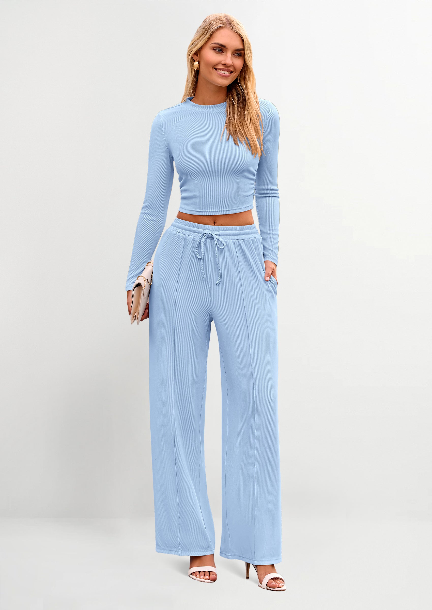 PRETTYGARDEN Women's 2 Piece Loungewear Long Sleeve Crop Top Wide Leg Palazzo Pants Set Tracksuits Casual Outfit