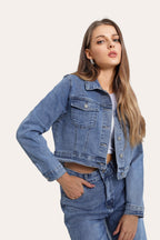 Stretchy Cropped Everyday Casual Denim Jacket in Denim Blue