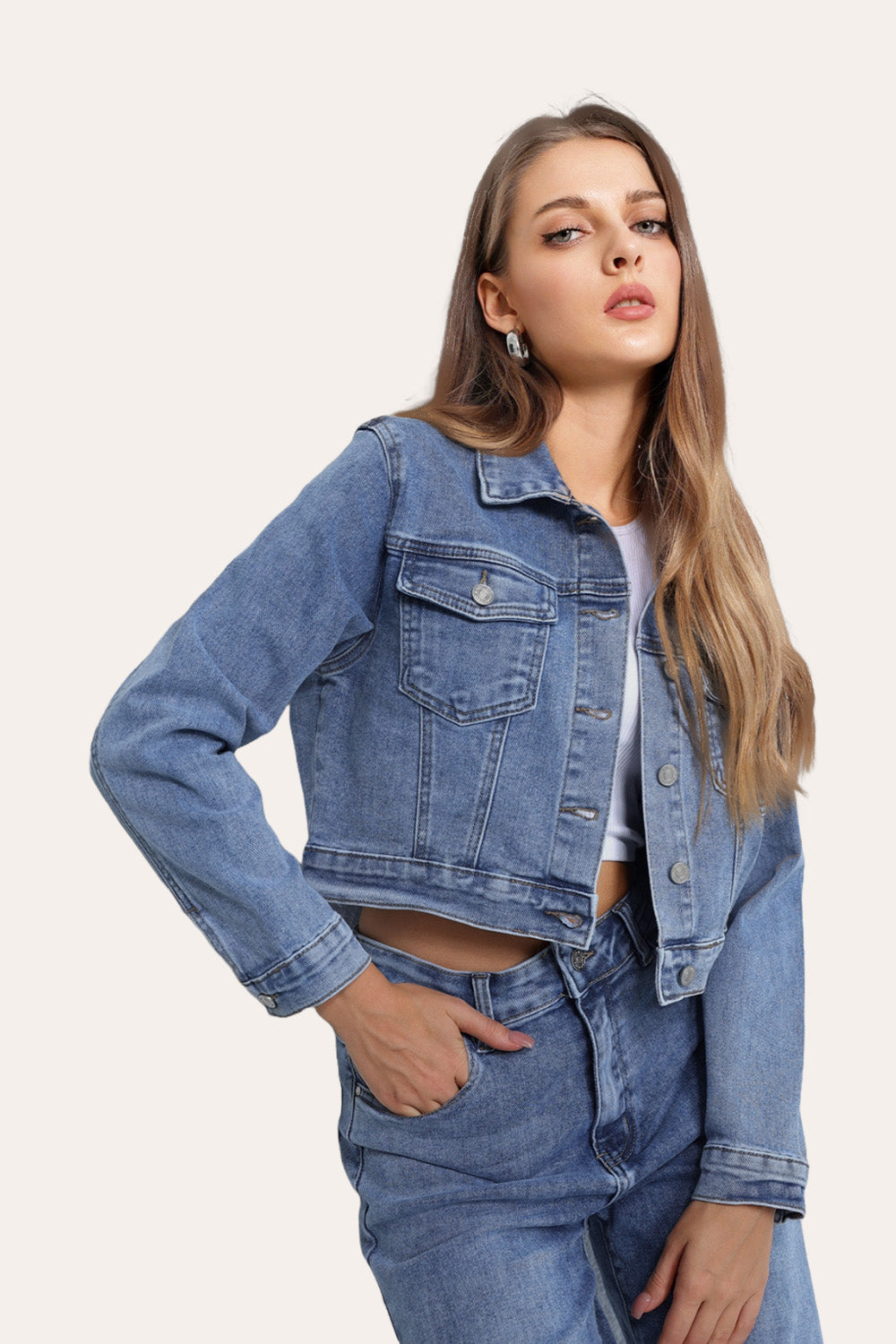 Stretchy Cropped Everyday Casual Denim Jacket in Denim Blue