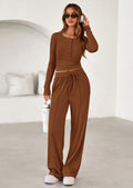 PRETTYGARDEN Women's Fall Trendy 2 Piece Outfits Lounge Sets Long Sleeve Top Henley Shirts Wide Leg Pants Travel Clothes