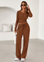 PRETTYGARDEN Women's Fall Trendy 2 Piece Outfits Lounge Sets Long Sleeve Top Henley Shirts Wide Leg Pants Travel Clothes