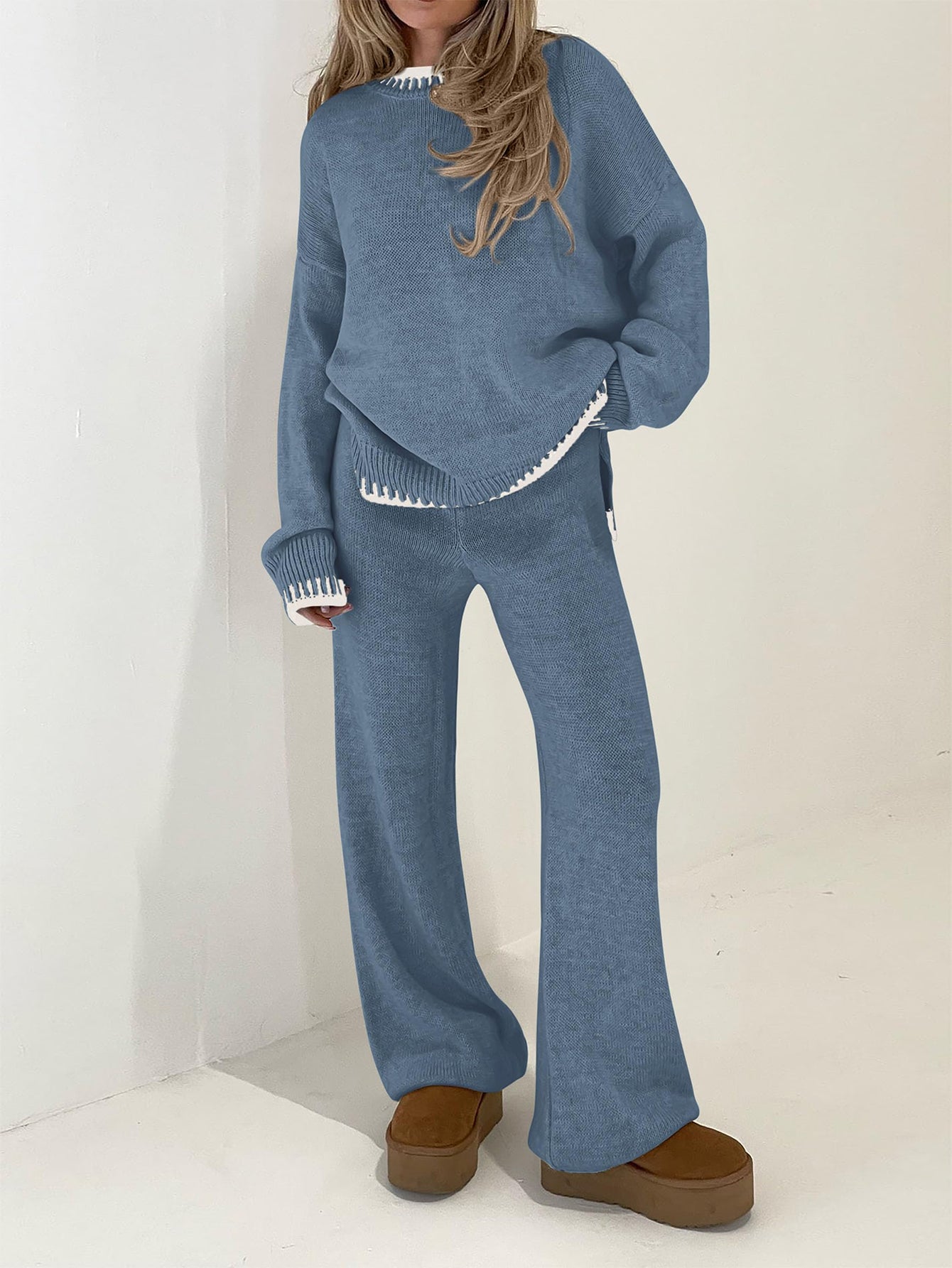 PRETTYGARDEN Women's 2 Piece Knit Sweater Outfit Casual Long Sleeve Pullover Wide Leg Pants Tracksuit Loungewear Set