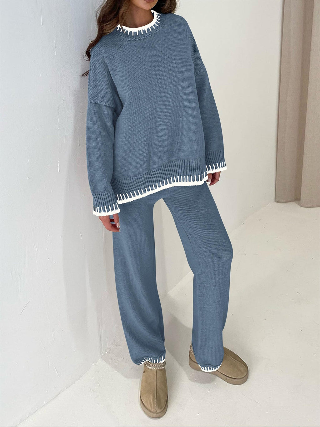 PRETTYGARDEN Women's 2 Piece Knit Sweater Outfit Casual Long Sleeve Pullover Wide Leg Pants Tracksuit Loungewear Set