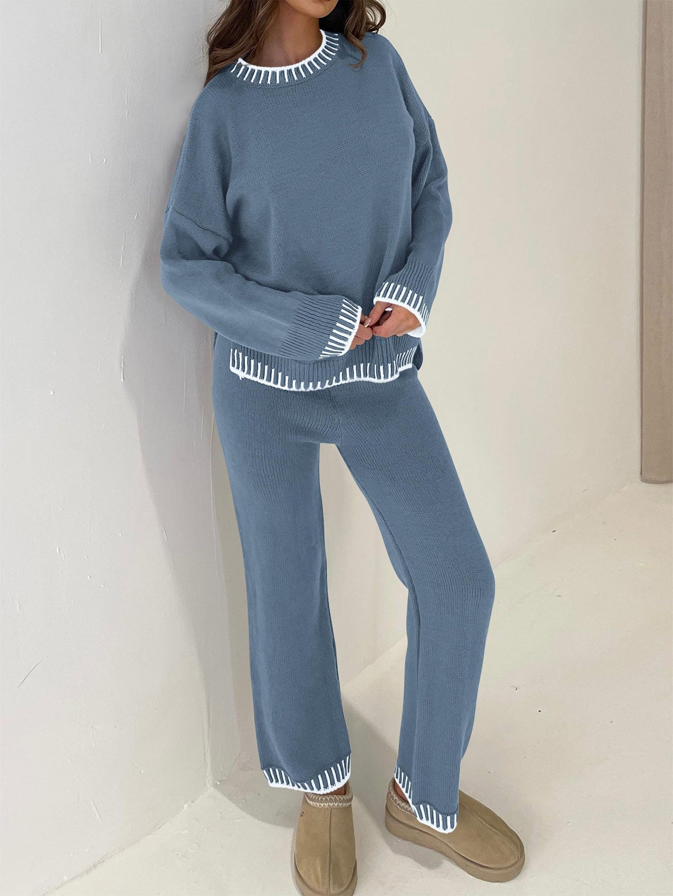 PRETTYGARDEN Women's 2 Piece Knit Sweater Outfit Casual Long Sleeve Pullover Wide Leg Pants Tracksuit Loungewear Set