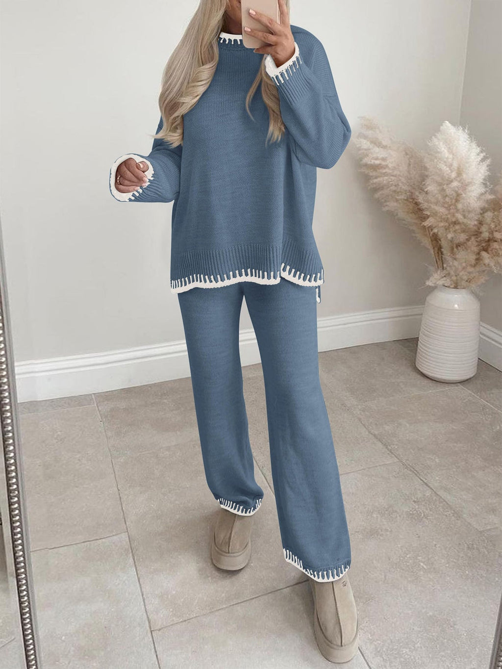 PRETTYGARDEN Women's 2 Piece Knit Sweater Outfit Casual Long Sleeve Pullover Wide Leg Pants Tracksuit Loungewear Set