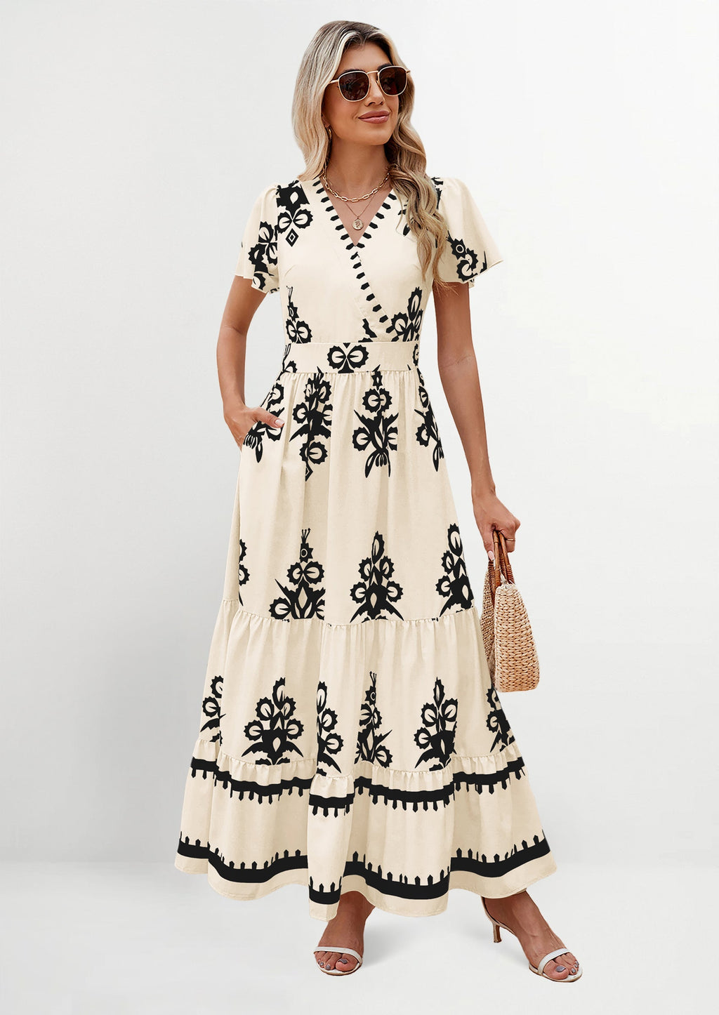PRETTYGARDEN Womens Casual V Neck Boho Maxi Dress Flowy Aline Bell Sleeve Tiered Floral Dresses with Pocket