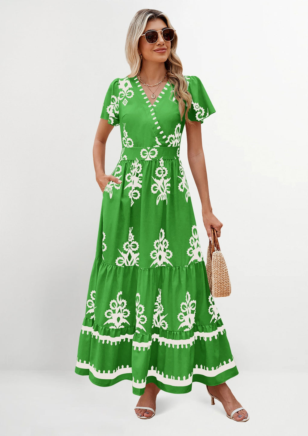 PRETTYGARDEN Womens Casual V Neck Boho Maxi Dress Flowy Aline Bell Sleeve Tiered Floral Dresses with Pocket