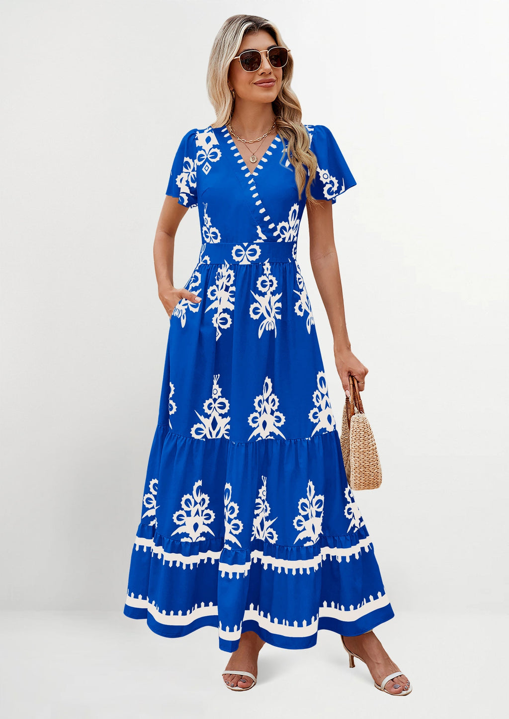 PRETTYGARDEN Womens Casual V Neck Boho Maxi Dress Flowy Aline Bell Sleeve Tiered Floral Dresses with Pocket