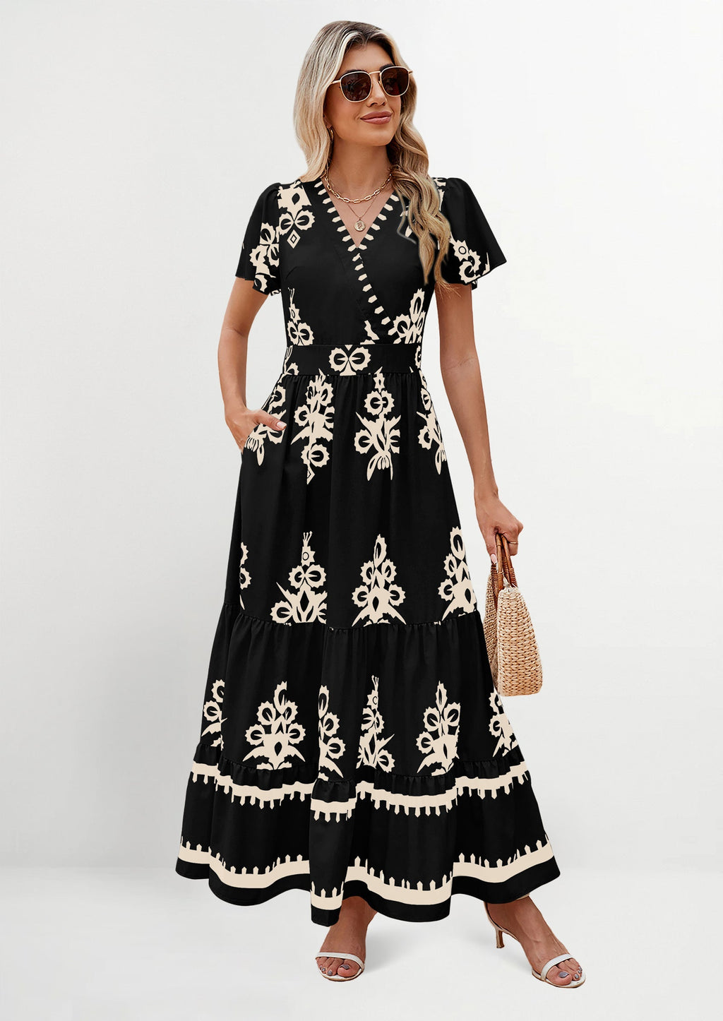 PRETTYGARDEN Womens Casual V Neck Boho Maxi Dress Flowy Aline Bell Sleeve Tiered Floral Dresses with Pocket