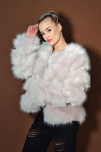 Cropped Pannelled Faux Fur Coat in Grey