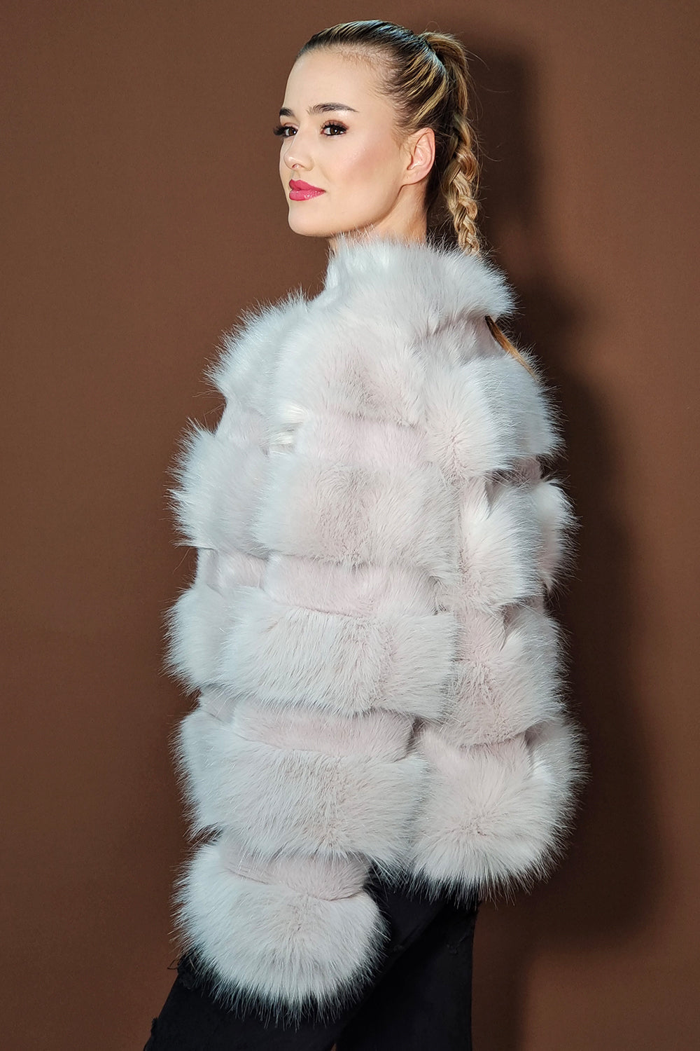 Cropped Pannelled Faux Fur Coat in Grey
