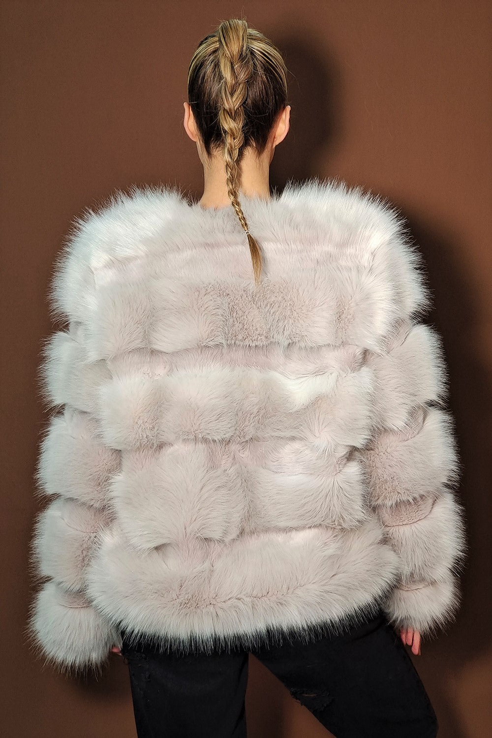 Cropped Pannelled Faux Fur Coat in Grey