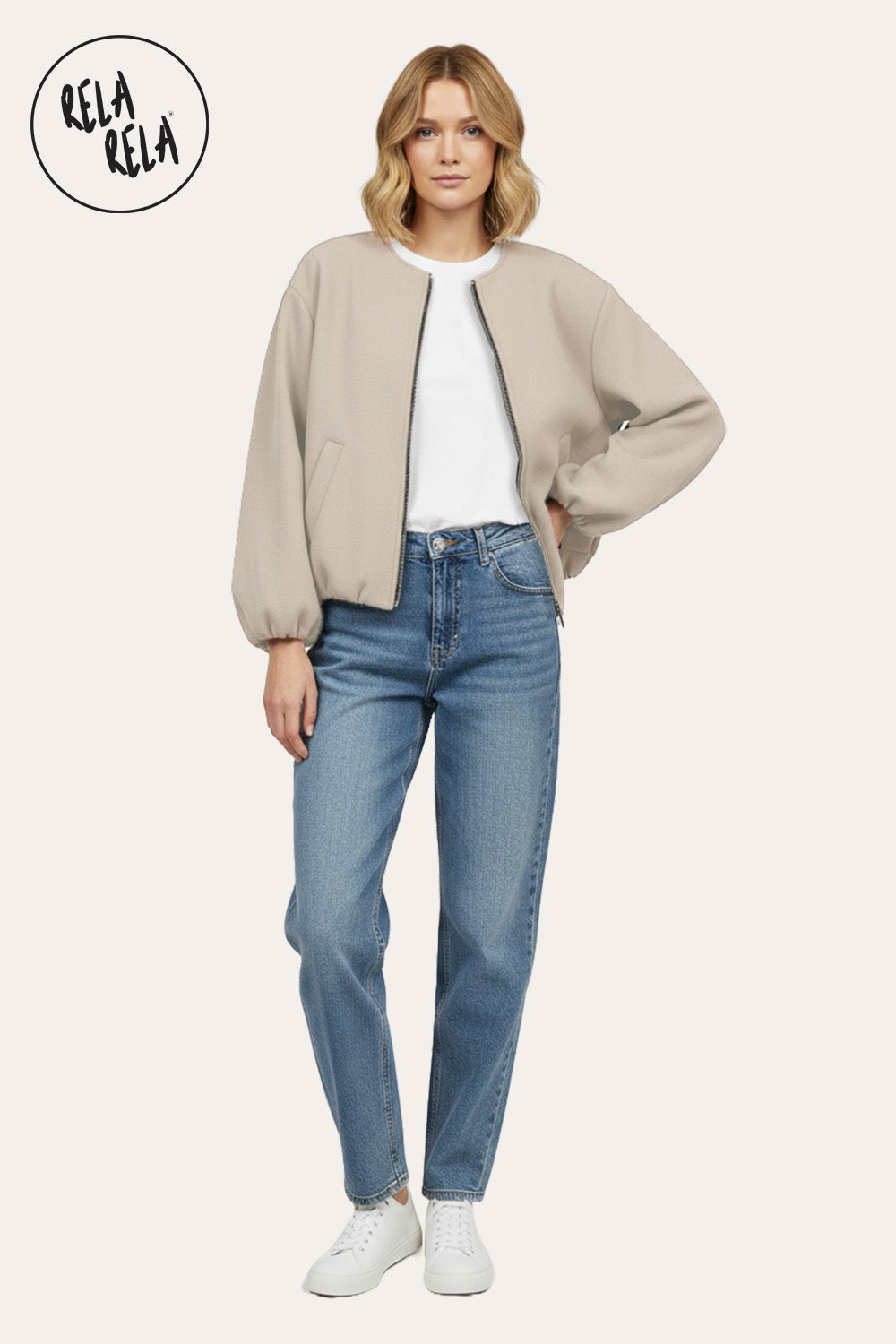 Oversized Zip-Up Casual Bomber Jacket in Beige