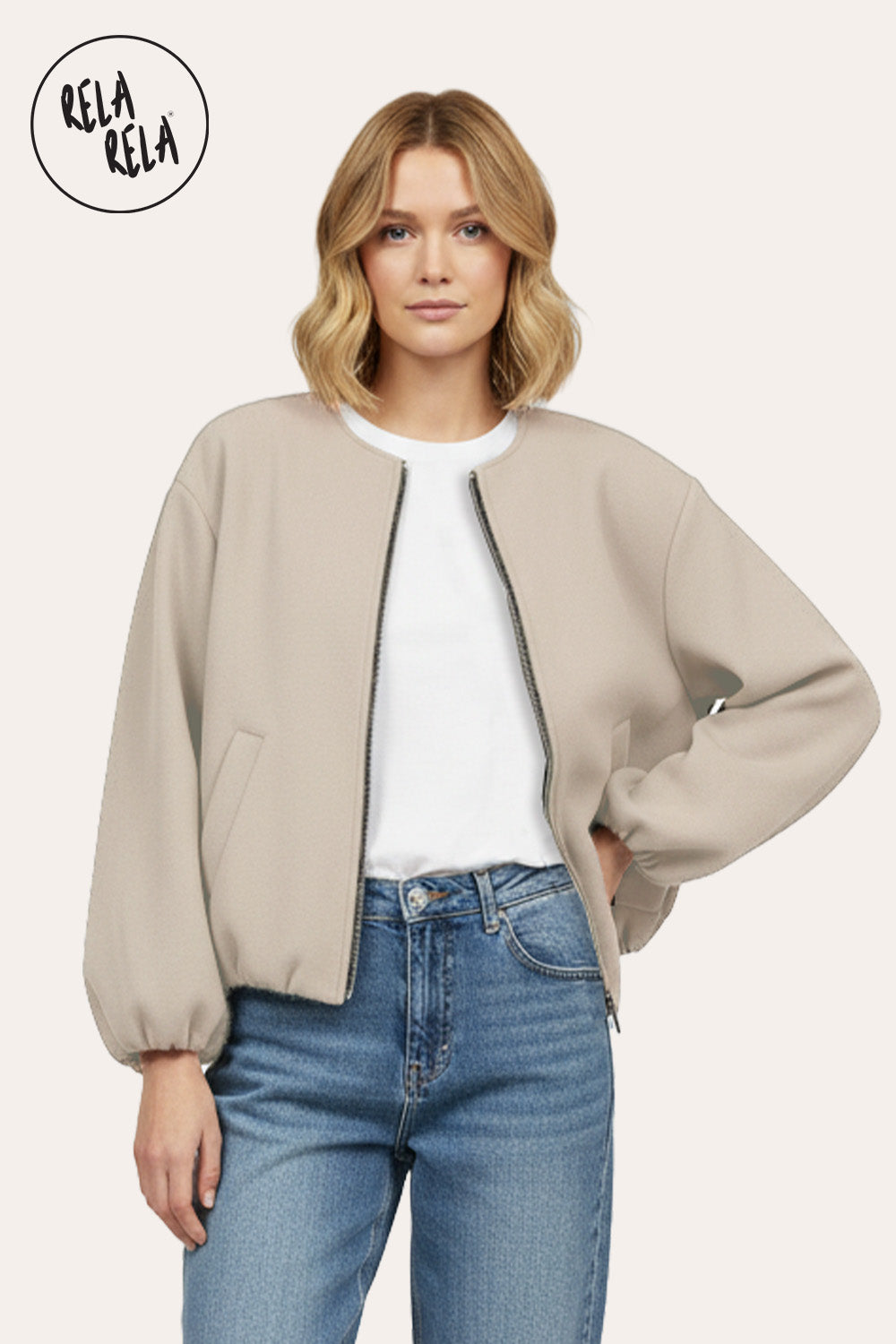 Oversized Zip-Up Casual Bomber Jacket in Beige