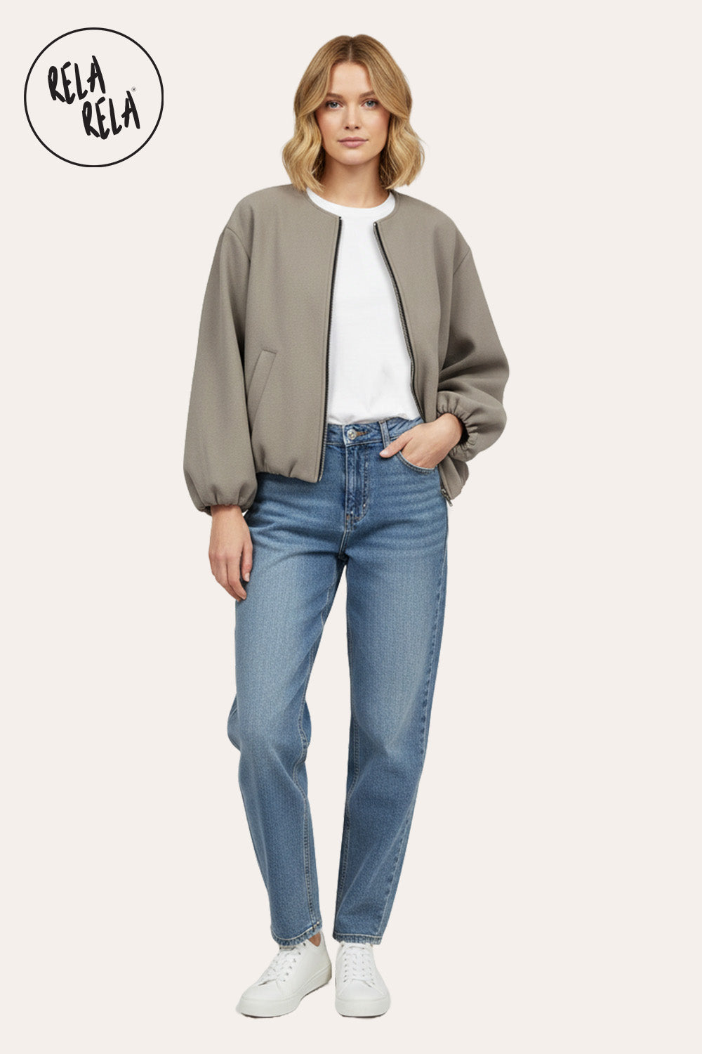 Oversized Zip-Up Casual Bomber Jacket in Bleach Grey
