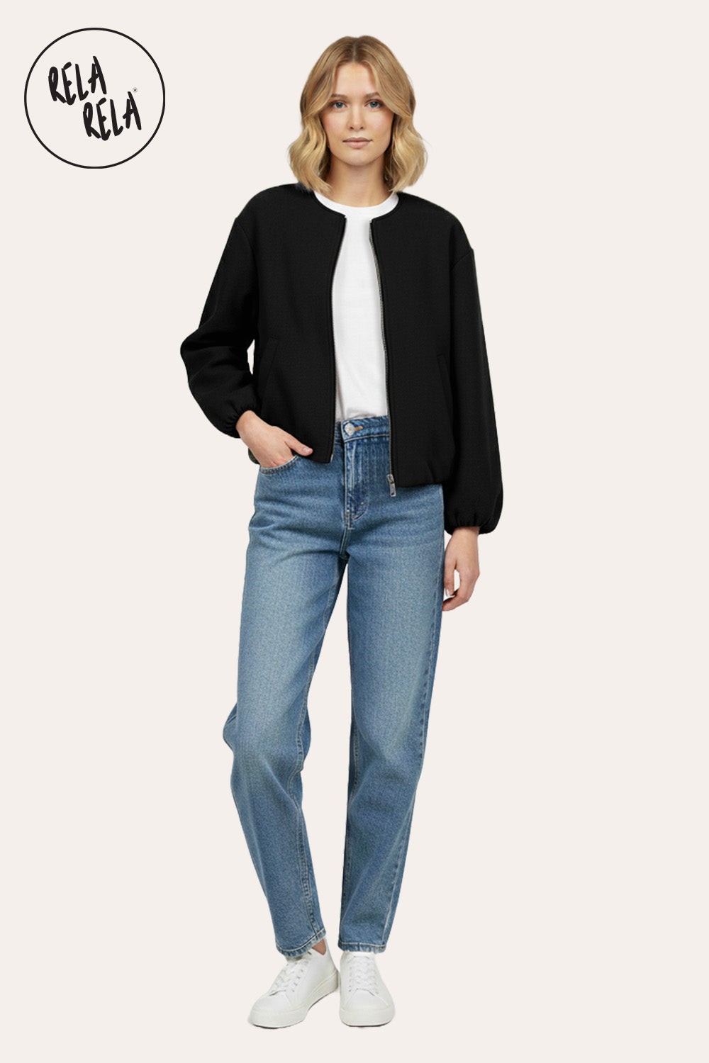 Oversized Zip-Up Casual Bomber Jacket in Black