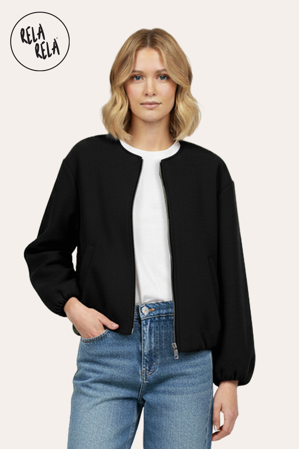Oversized Zip-Up Casual Bomber Jacket in Black