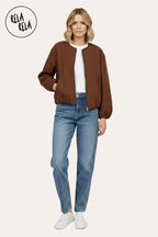 Oversized Zip-Up Casual Bomber Jacket in Chocolate