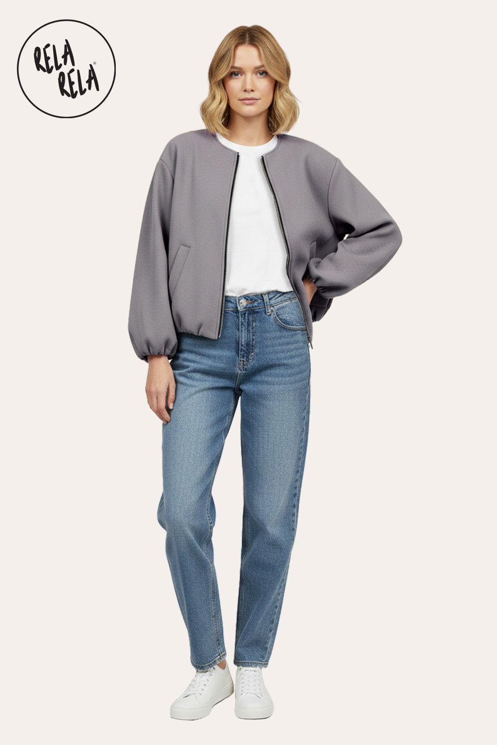 Oversized Zip-Up Casual Bomber Jacket in Grey