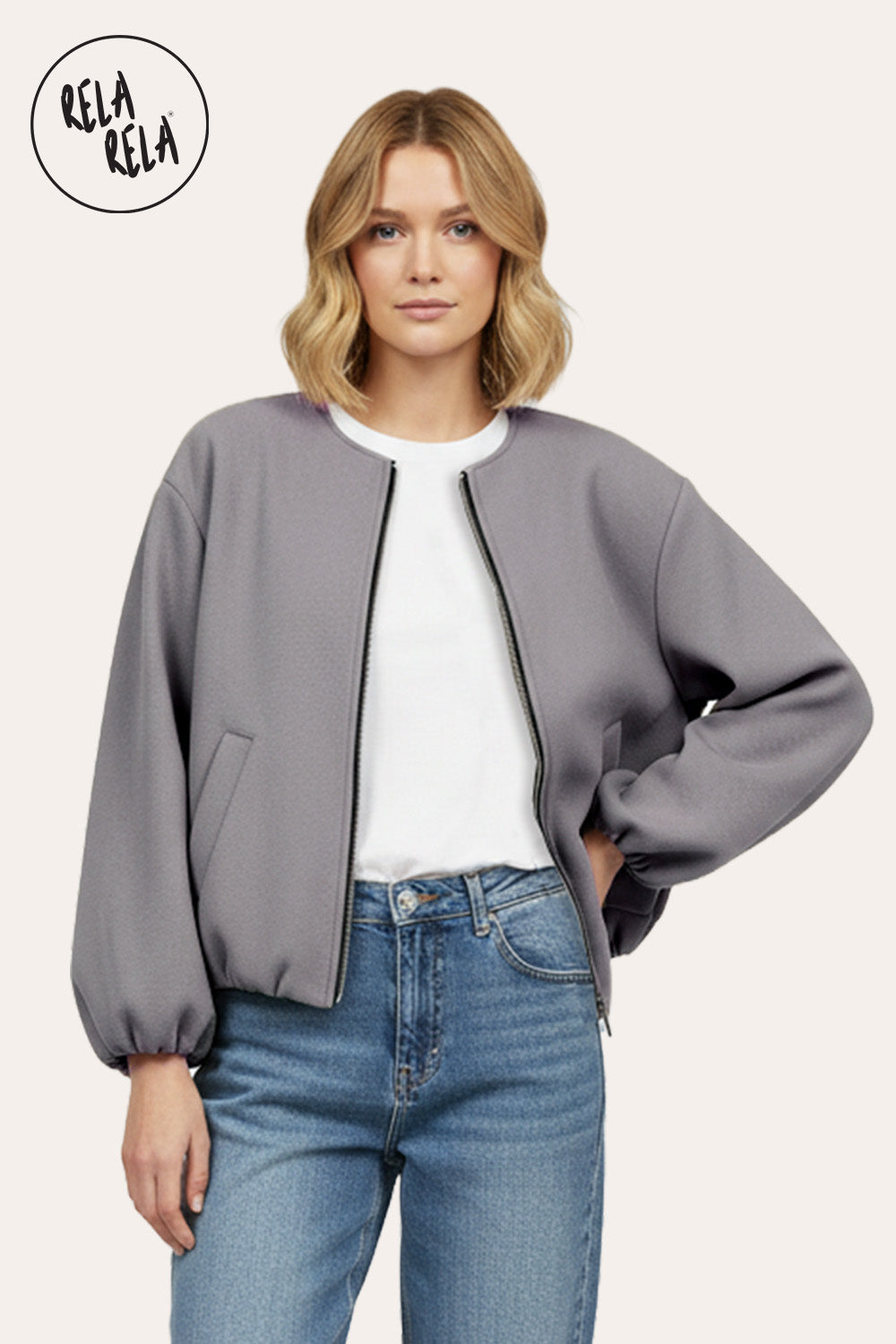 Oversized Zip-Up Casual Bomber Jacket in Grey