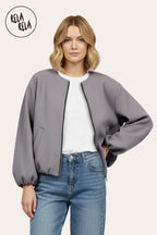 Oversized Zip-Up Casual Bomber Jacket in Grey