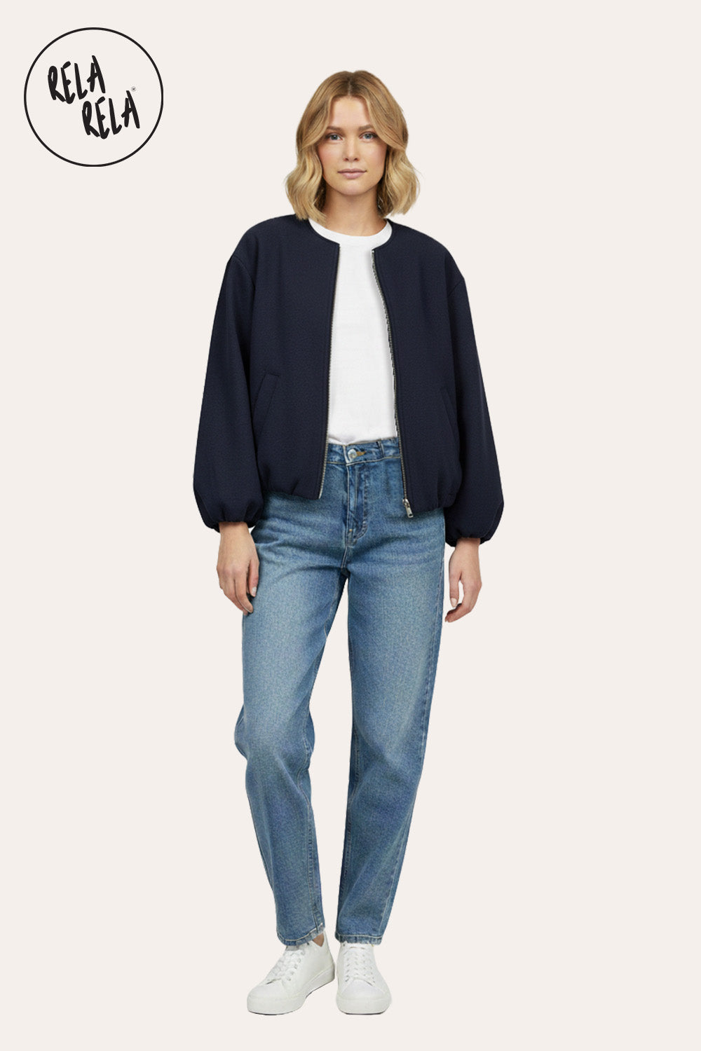 Oversized Zip-Up Casual Bomber Jacket in Navy