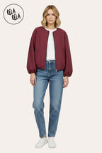 Oversized Zip-Up Casual Bomber Jacket in Burgundy
