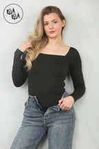 Premium Figure Hugging Fits Everybody Long Sleeve Square Neck Stretch Woven Double Layered Bodysuit in Black