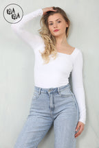 Premium Figure Hugging Fits Everybody Long Sleeve Square Neck Stretch Woven Double Layered Bodysuit in White