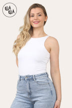 Premium Figure Hugging Fits Everybody Sleeveless High Neck Stretch Woven Double Layered Bodysuit in White
