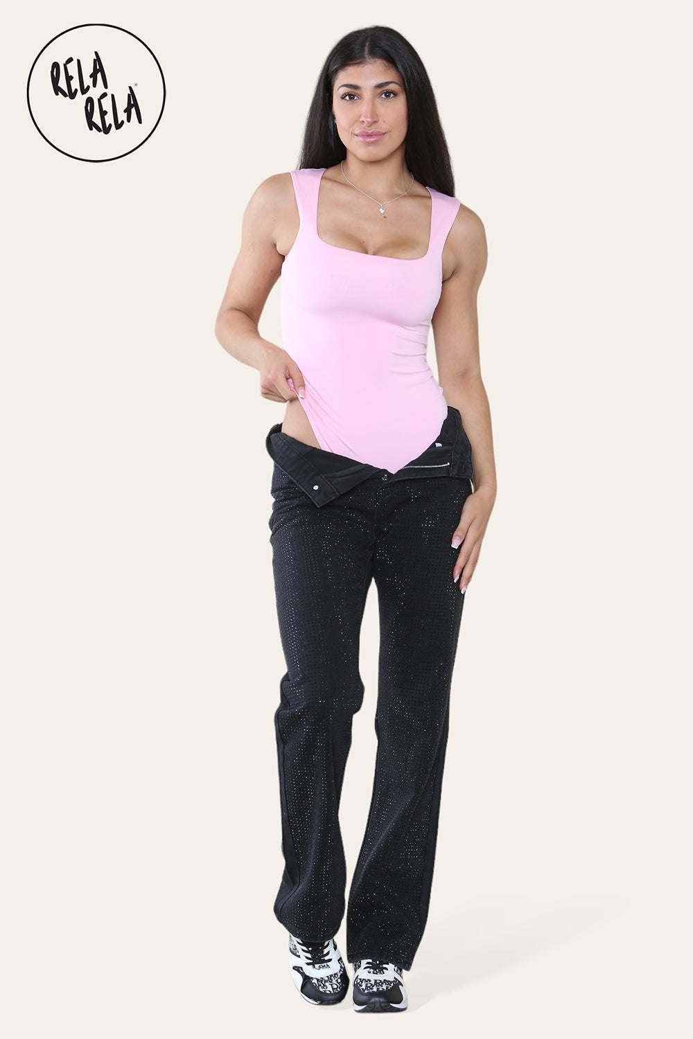 Premium Slinky Double Layered Square Neck Brazilian Bodysuit in Baby Pink