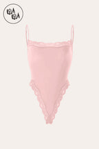 Spaghetti Strap Lace Trim Stretchy Bodysuit in Blush