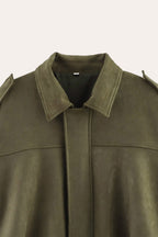 Faux Suede Zip-Up Bomber Jacket in Khaki
