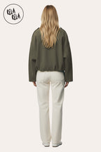 Faux Suede Zip-Up Bomber Jacket in Khaki