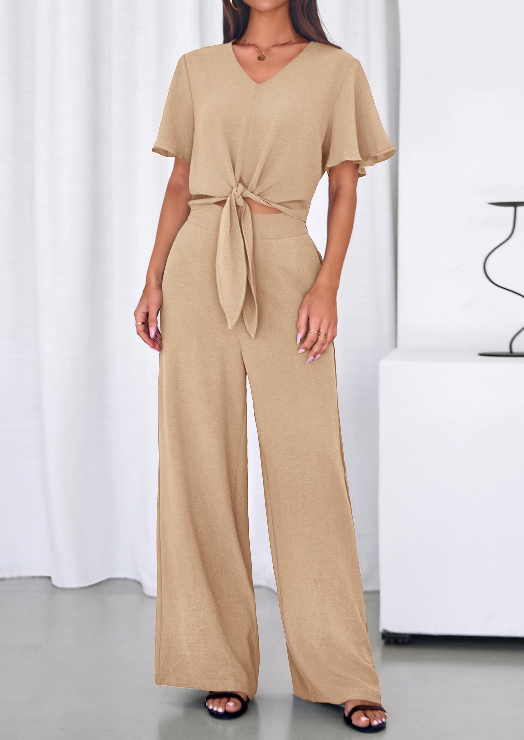 PRETTYGARDEN Women 2 Piece Summer Outfits Short Sleeve Strappy Top Wide Leg Pants Tracksuit Lounge Sets Beach Clothes