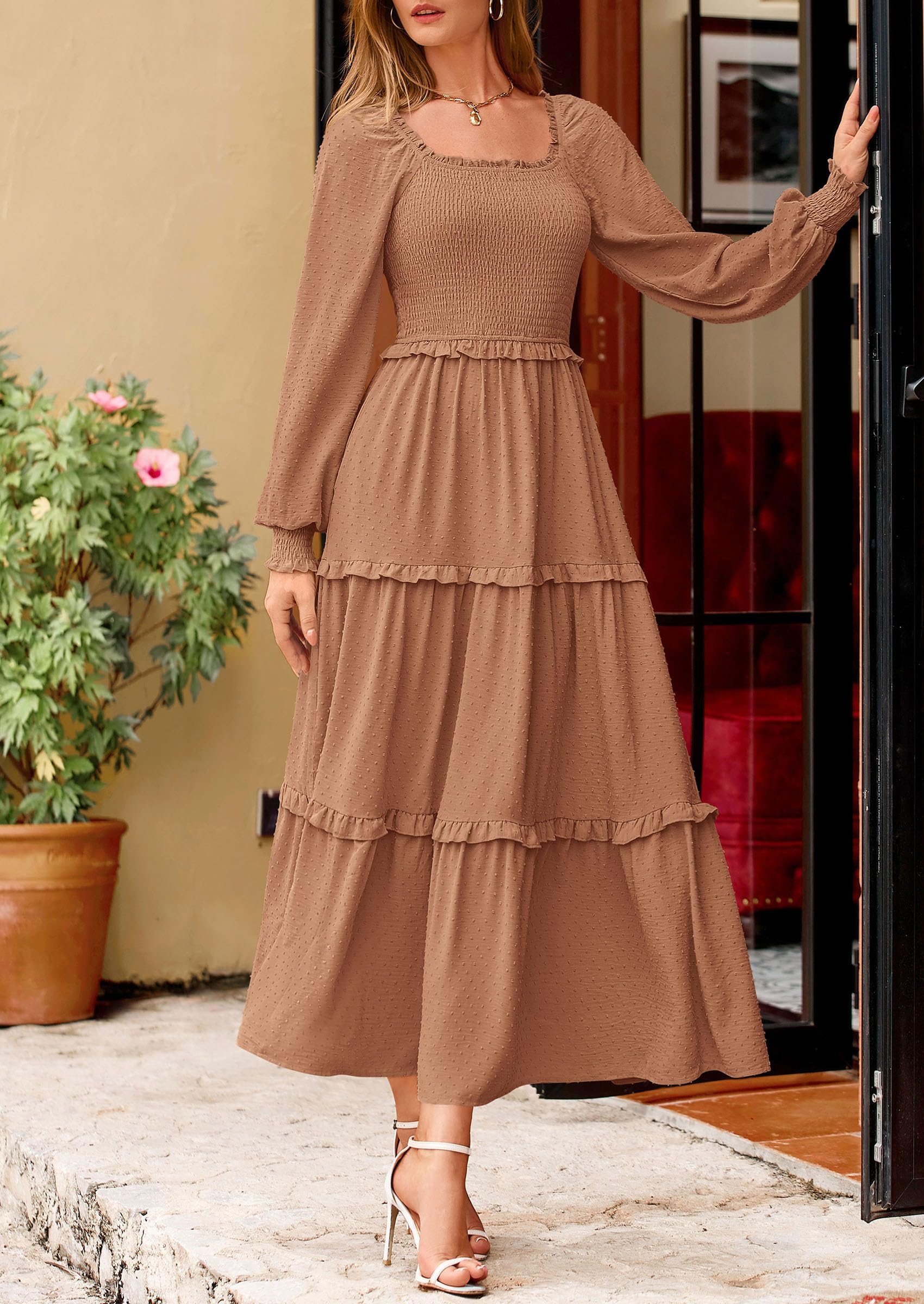 PRETTYGARDEN Women Fall Long Sleeve Smocked Maxi Dress Casual Square Neck Swiss Dot Tiered Ruffle Flowy Spring Pocket Dresses