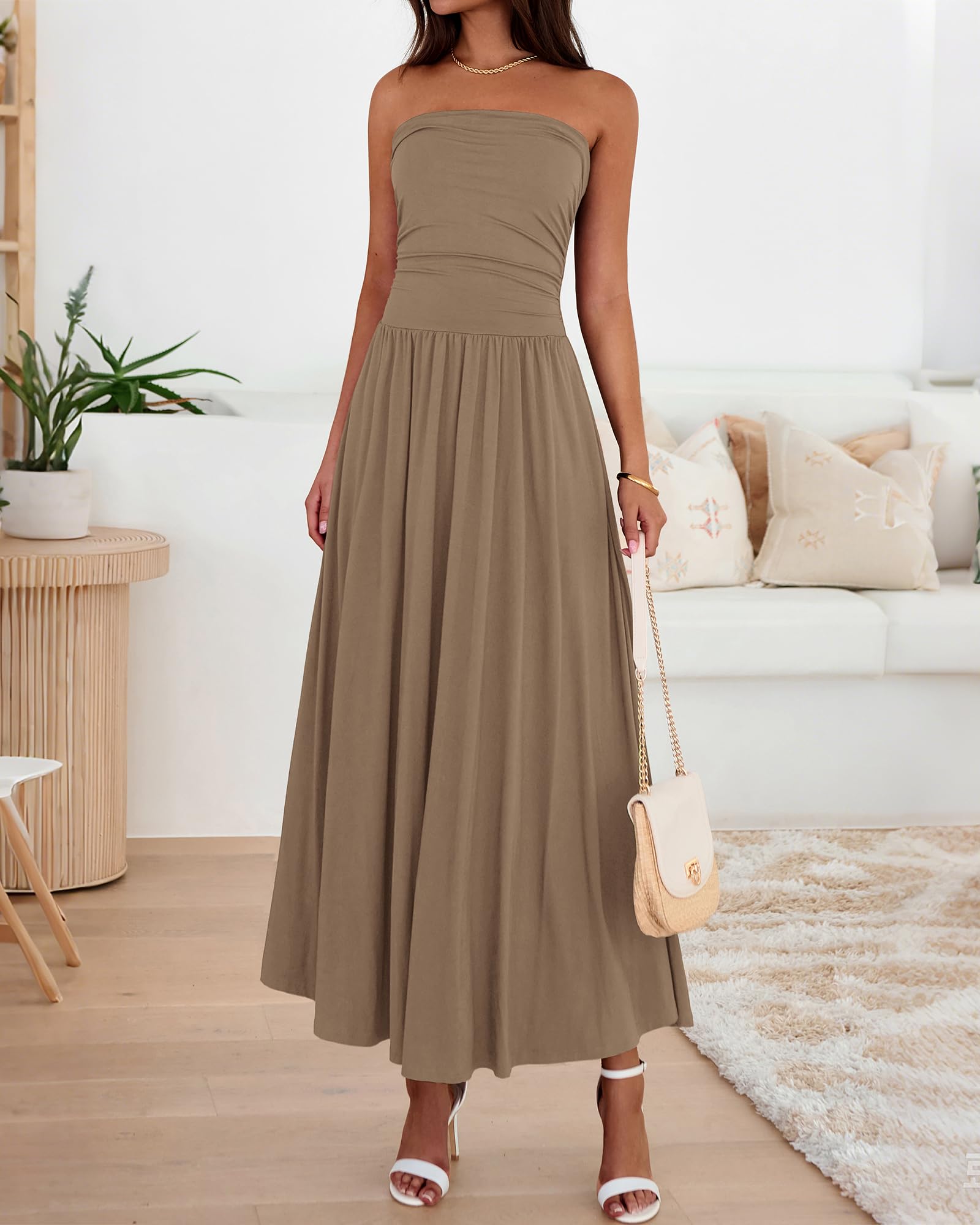 BTFBM Summer Maxi Dresses for Women Strapless Ruched Tube Top Beach Vacation Spring Wedding Guest Dress Pockets