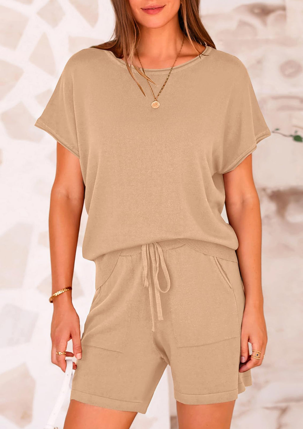 PRETTYGARDEN Two Piece Set for Women Summer Lounge Sets Shorts And Short Sleeve Tops Knitted Matching Travel Spring Outfits