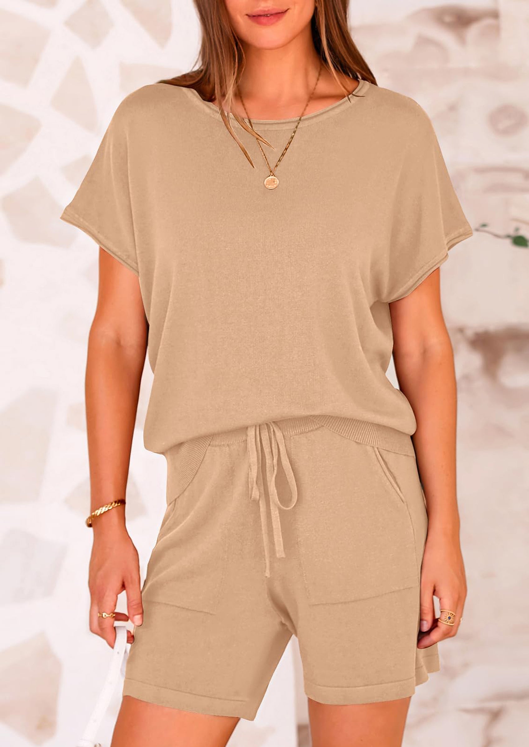PRETTYGARDEN Two Piece Set for Women Summer Lounge Sets Shorts And Short Sleeve Tops Knitted Matching Travel Spring Outfits