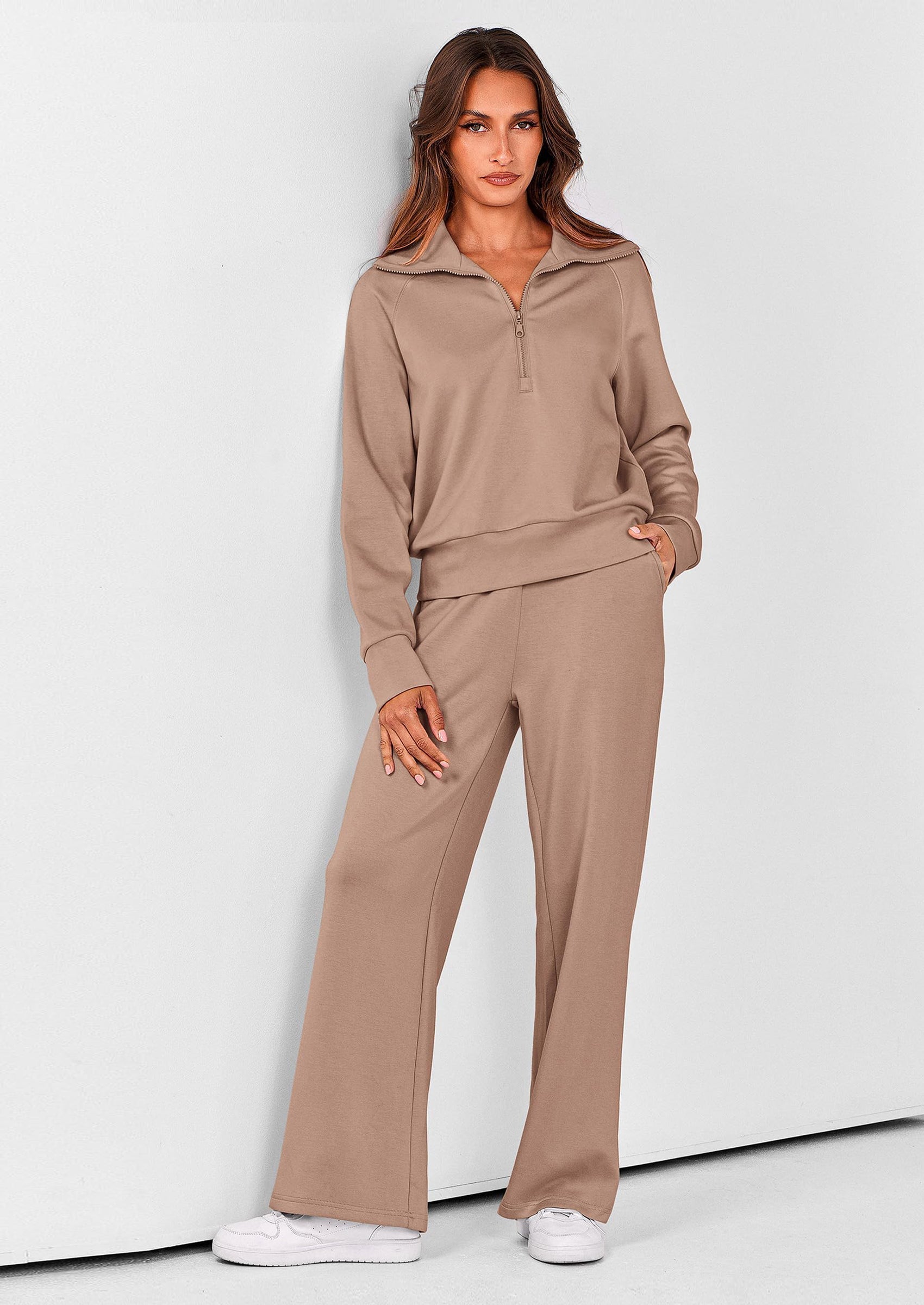PRETTYGARDEN Women's 2 Piece Outfits Casual Lapel Half Zip Sweatshirts And Wide Leg Pants Tracksuit Sets