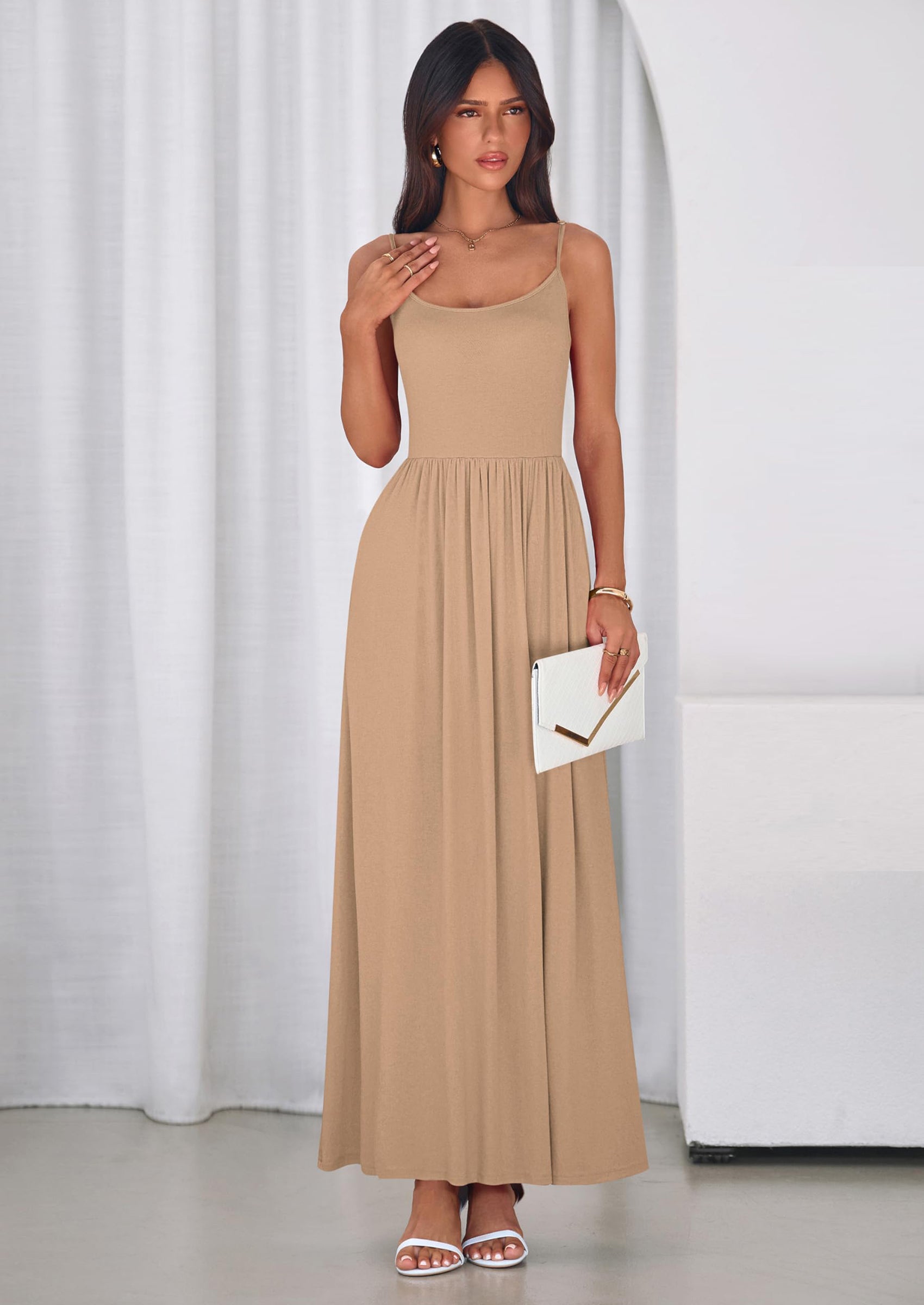 PRETTYGARDEN Womens Spaghetti Strap Maxi Dresses Sleeveless Summer Dress Long Casual Knit Flowy Beach Sundresses with Pockets