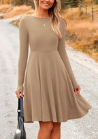 PRETTYGARDEN Women's Spring Fall Short Dress Ribbed Knit Crewneck Long Sleeve A Line Flowy Casual Elegant Going Out Dresses