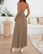 BTFBM Summer Maxi Dresses for Women Strapless Ruched Tube Top Beach Vacation Spring Wedding Guest Dress Pockets